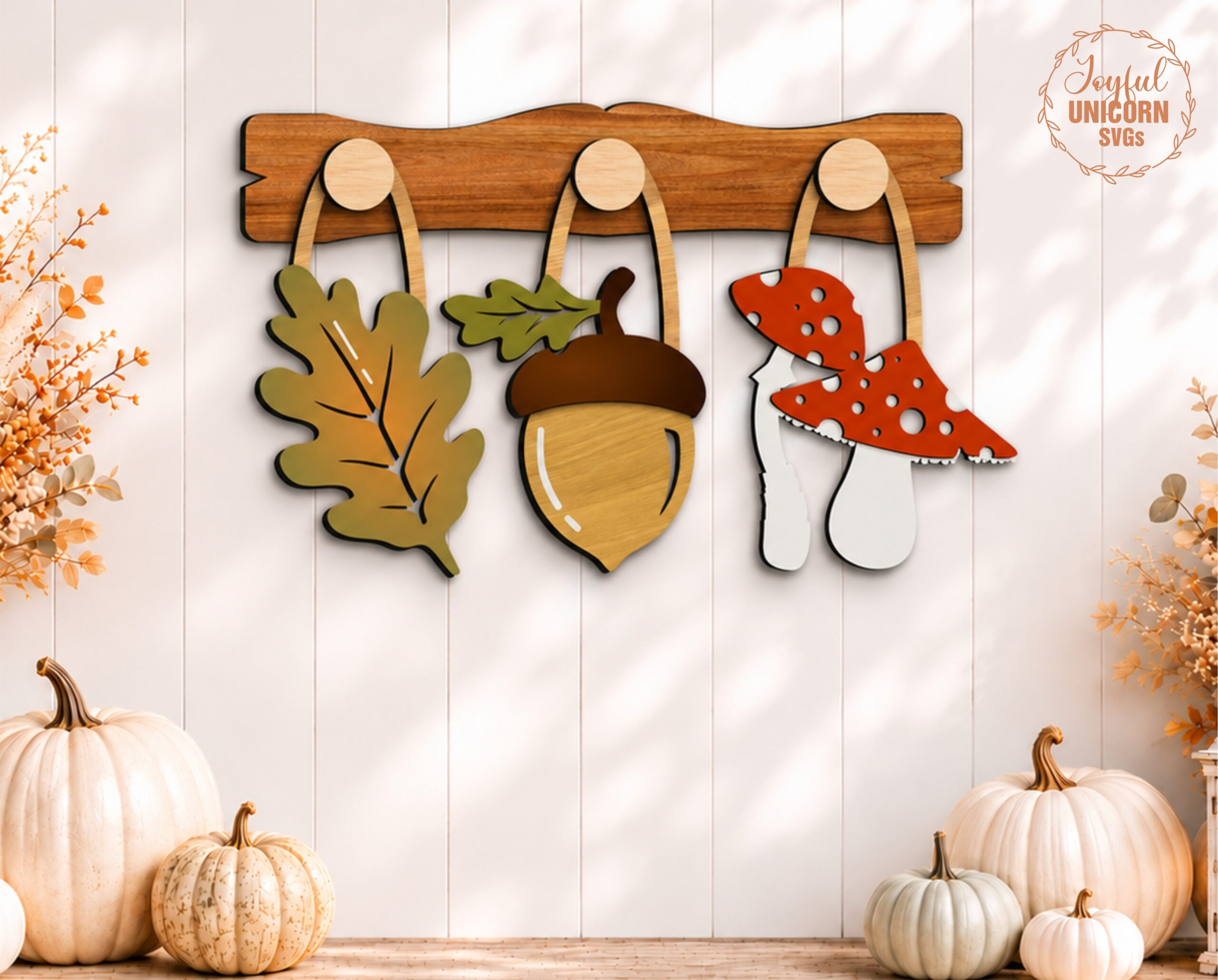 Interchangeable Fall Wall Decor SVG, Autumn Wall Peg Hanging Set of 3, Oak Leaf Acorn Mushroom SVG, Wooden Hook Display, Glowforge Laser File - Image 3