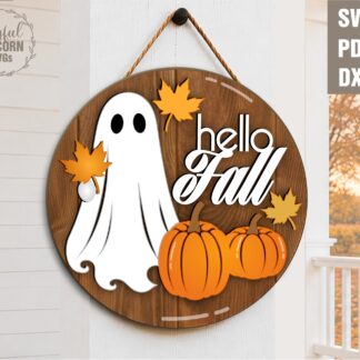 Hello Fall ghost door hanger SVG featuring a cute ghost holding autumn leaves with pumpkins on a round wooden sign, laser cut file for Glowforge, CNC machines, and other lasers.