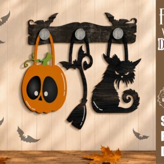 Interchangeable Halloween wall decor SVG with a pumpkin, witch broom, and spooky black cat hanging from wooden hooks on a decorative bat display bar, laser cut file for Glowforge, CNC machines, and other lasers.