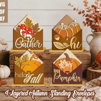 Fall standing envelope SVG bundle with layered mushroom, pumpkin, Gather, and Hello Fall 3D shelf sitter laser cut designs