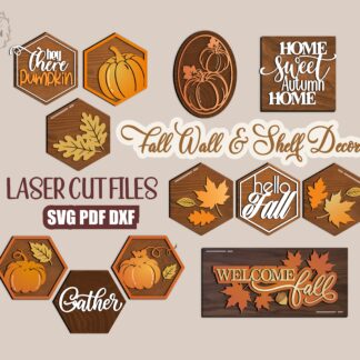 Fall wall and shelf decor SVG bundle with hexagon pumpkin, Hello Fall, Gather, and Home Sweet Autumn Home laser cut pieces