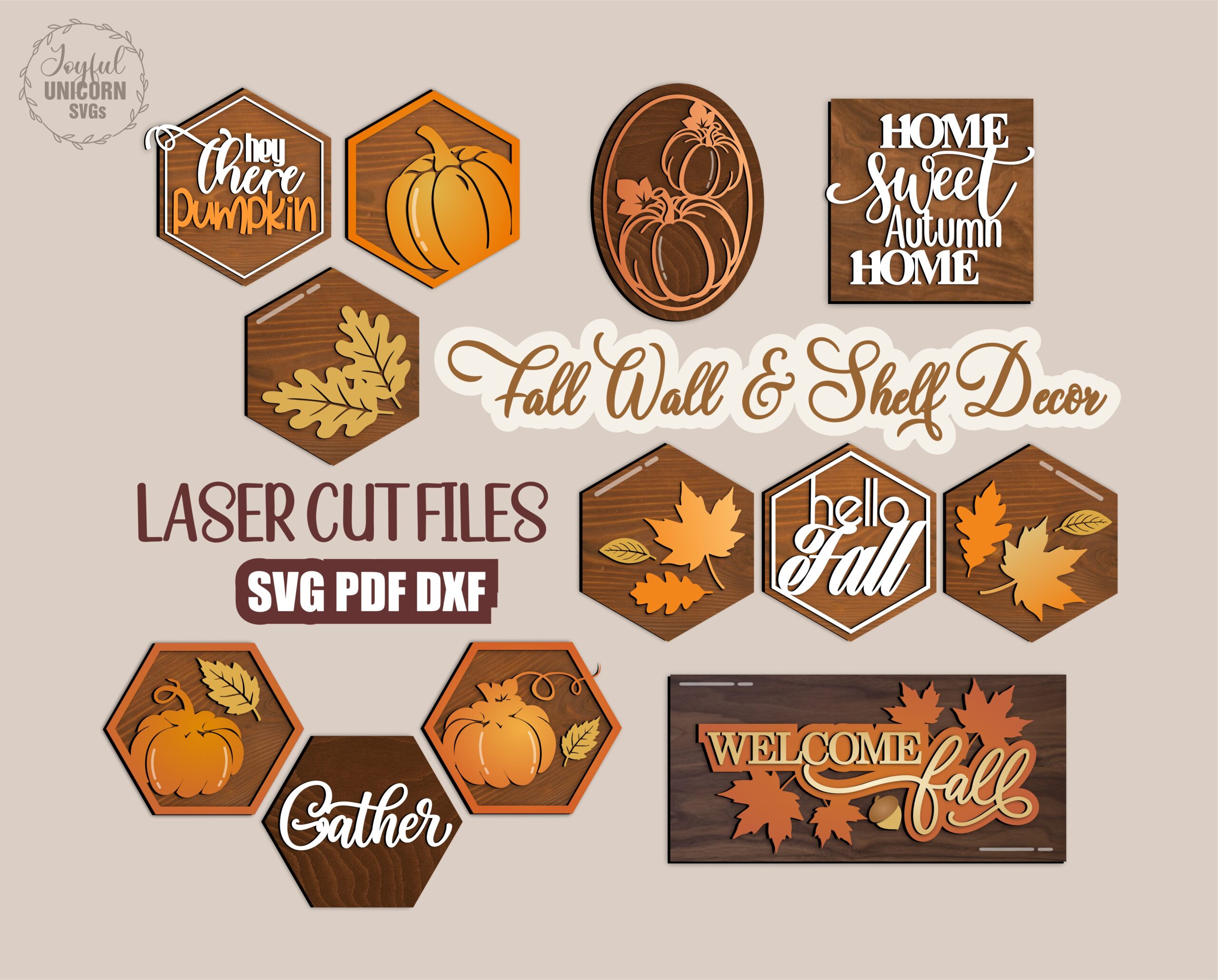 Fall wall and shelf decor SVG bundle with hexagon pumpkin, Hello Fall, Gather, and Home Sweet Autumn Home laser cut pieces