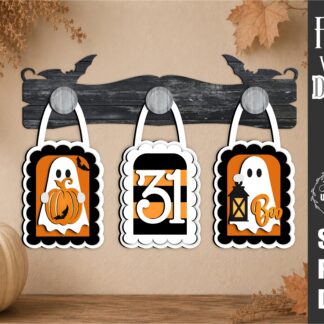 Interchangeable Halloween wall decor SVG featuring a ghost with a pumpkin, October 31 sign, and ghost holding a lantern with Boo hanging from wooden hooks on a decorative bat display bar, laser cut file for Glowforge, CNC machines, and other lasers.
