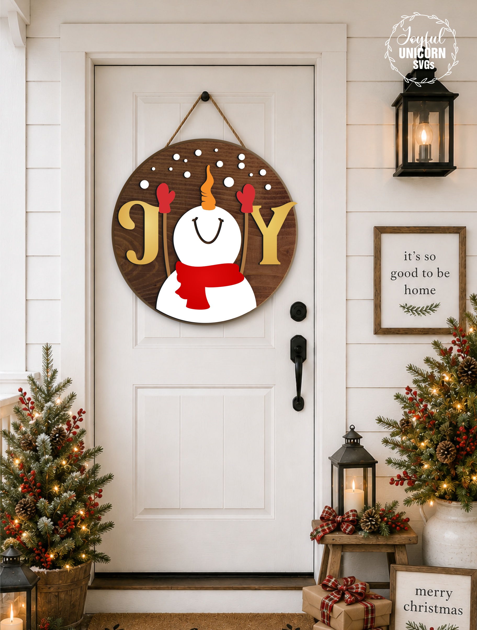 Christmas Snowman Door Hanger SVG, JOY Snowman Sign, Winter Front Door Decor, Round Wood Sign, Glowforge Laser Cut File, CNC, xTool File - Image 3