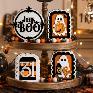 Halloween tiered tray SVG bundle featuring a Hey Boo sign, ghost shelf sitters, October 31 sign, and Boo decor, laser cut files for Glowforge, CNC machines, and other lasers