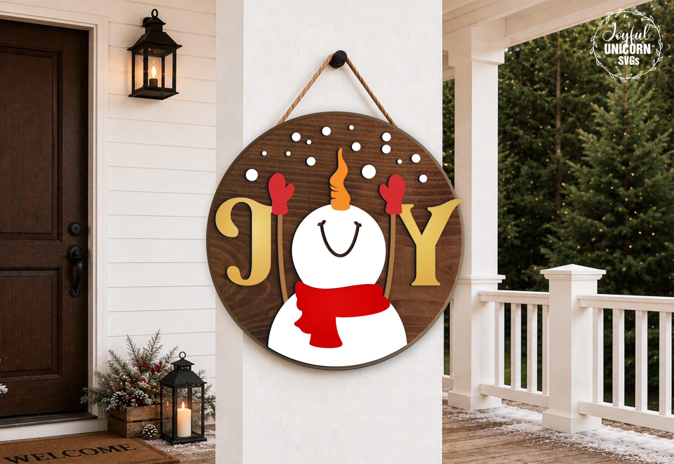 Christmas Snowman Door Hanger SVG, JOY Snowman Sign, Winter Front Door Decor, Round Wood Sign, Glowforge Laser Cut File, CNC, xTool File - Image 2